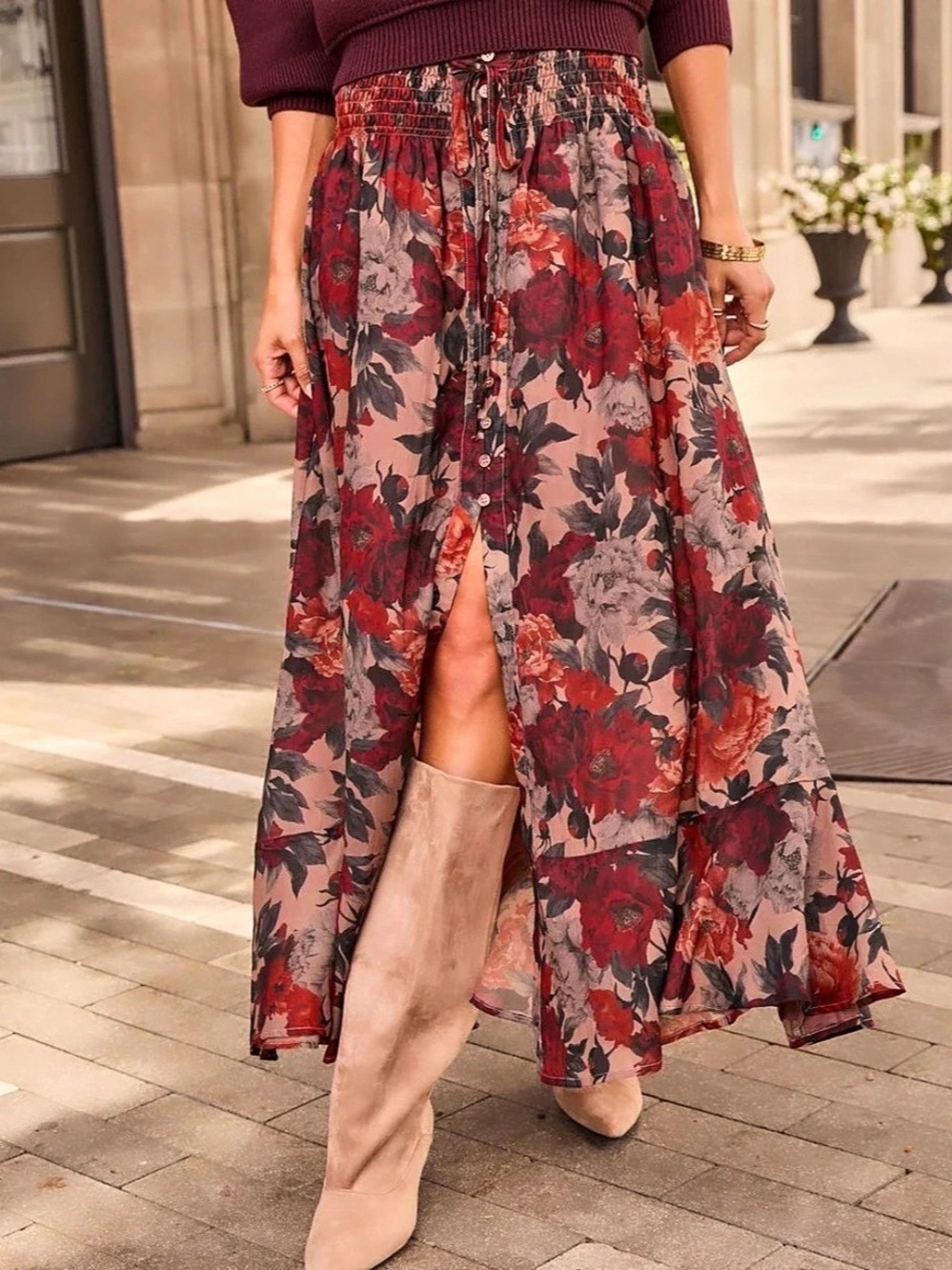 Promesa Sweet Nostalgia Burgandy Floral Chiffon Button-Front Maxi Skirt -size S